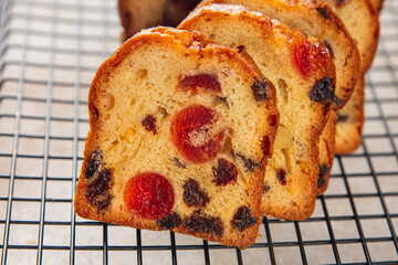 Fruit cake dessert sweet dried fruit traditional pastry, nuts meal food snack on the table copy space food background rustic top view