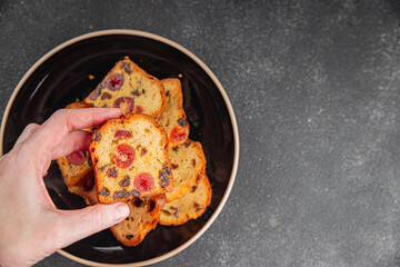 Fruit cake dessert sweet dried fruit traditional pastry, nuts meal food snack on the table copy...