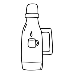 Stylish thermos print of mug of hot tea or coffee. Made of stainless steel with handle. Camping utensils for warming up in outdoor. Black and white vector isolated illustration hand drawn icon