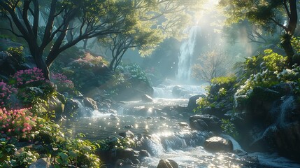 Obraz premium A beautiful fantasy forest with a shiny river running through the middle. Generative AI.