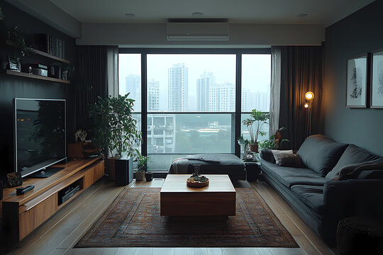 In the living room, a dark color scheme permeated the living room on a peaceful rainy day