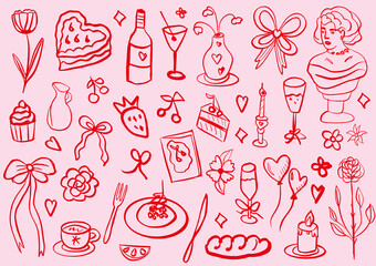 Whimsical coquette food and wine red and pink background. La dolce vita concept. Design elements for Valentines Day greeting cards, wedding invitations, birthday. Vector illustration