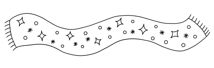 Warm winter soft long scarf with stars and snowflakes. Comfortable clothes for cold weather. Winter season. Black and white isolated vector illustration hand drawn doodle. Card or icon
