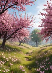 Obraz premium Pink cherry blossoms fall from the branches of blooming trees amidst a carpet of soft grass and wildflowers, landscape, blossoms, flowers