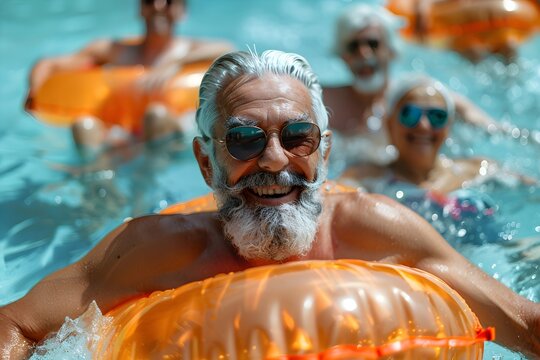 Senior man with a white beard and sunglasses smiling while floating on an orange inflatable in a pool, accompanied by a group of friends enjoying a sunny day. The scene radiates joy and relaxation.  
