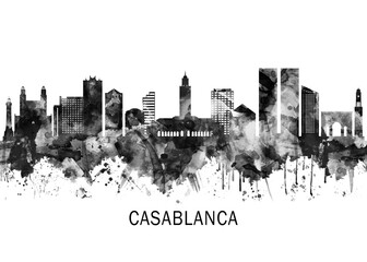Obraz premium Casablanca Morocco Skyline BW, cityscape buildings city skyline architecture illustration abstract modern painting travel poster landscape print urban art