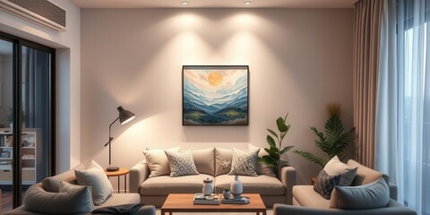 Grey and mint lamps above pouf and corner sofa with pillows in blue interior with posters on the wall, artwork, interior, stylish