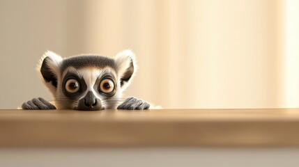 Obraz premium A playful lemur peers over the edge of a wooden surface, showcasing its large eyes and inquisitive expression in a softly lit indoor environment. Generative AI