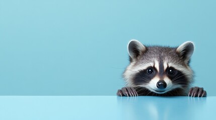 A raccoon with bright eyes and distinct facial markings curiously looks over a light blue surface, showcasing its playful and curious nature in a studio environment. Generative AI