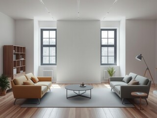 Fototapeta premium Industrial office mockup with modern furniture, stylish decor, and large windows showcasing a sleek and innovative UX design website, sleek, website, mockup