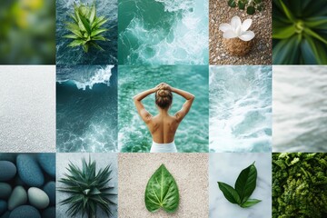 Woman relaxing by the sea: collage of turquoise water, plants, and stones