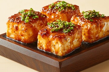 Delicious grilled tofu with sauce and green onion garnish on a wooden plate.