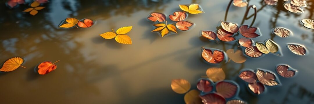 Softly glowing light emanating from beneath the surface of a serene pond with floating colorful leaves, pond, ambiance, glow