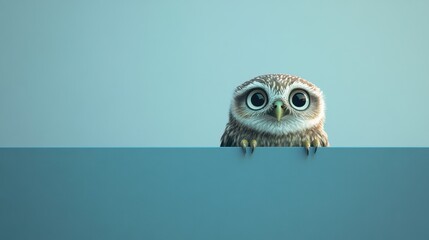 Obraz premium An adorable owl is peeking over a blue ledge, its large eyes gazing curiously into the distance with a calm blue background suggesting daylight. Generative AI