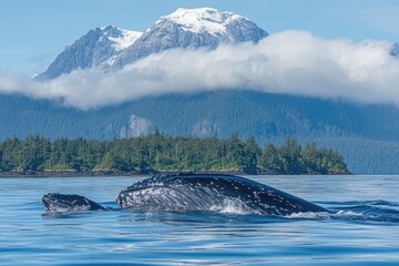 Obraz premium Humpback whales swimming in alaskan waters with mountain view