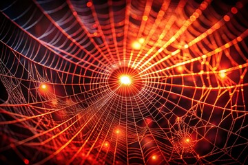 Obraz premium Captivating Glowing Red Web of Light and Energy in Low Light Photography – A Stunning Visual for Science and Technology Enthusiasts