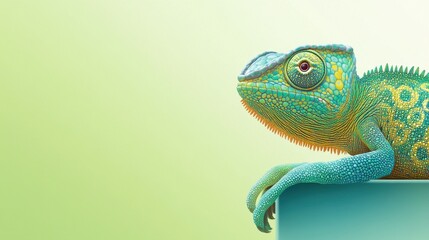 A vibrant chameleon perches on a teal surface, showcasing its detailed texture and vivid colors against a soft green backdrop in bright light. Generative AI