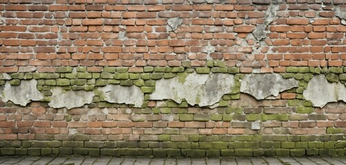 Faded grunge brick wall with cracked mortar and moss stains