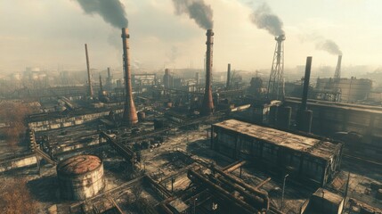 Fototapeta premium A wide-angle shot of a sprawling industrial plant with multiple smokestacks, pipes, and storage tanks under a hazy sky