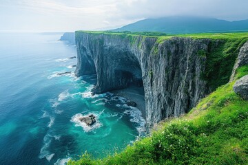 Ocean waves crashing against dramatic cliffs in hokkaido, japan