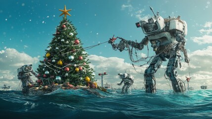 Fototapeta premium Robots coordinating efforts to free a brigh Robots carefully cleaning an artificial Christmas Robotic arms lifting a Christmas tree from