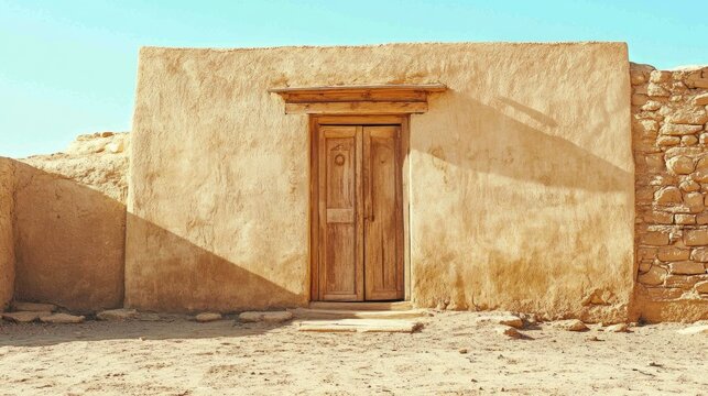 Ancient hebrew house set in Egypt with the passover mark on door frame with white banner for copy.