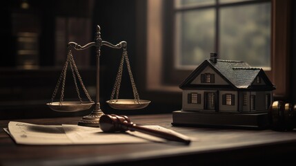 Scales of justice, gavel, and house model on a wooden desk near a window, representing real estate law.
