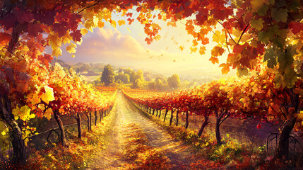 Naklejka premium A beautiful autumn vineyard with rows of grapevines and a winding dirt path leading through golden-leaved trees