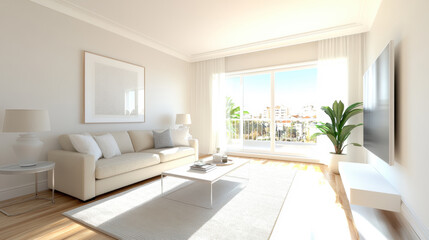 Bright and Airy Living Room With a Modern Design Featuring a Comfortable Sofa, Minimalist Decor, and Large Windows Showcasing a Sunny Outdoor View