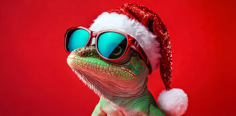 chameleon wearing sunglasses and a Santa hat on a red background, 