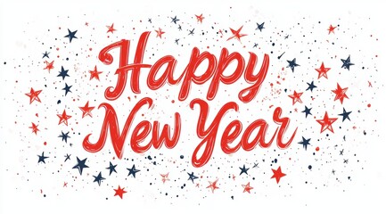 A calligraphic "Happy New Year" in red cursive, with stars on the left and right sides, in a clipart style