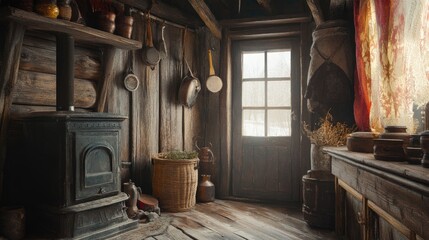 Ancient infant cradle, Russian stove, spindle, samovar, dried herbs, balalaika, Matryoshka, bast shoes, jam, wooden bucket, windows, and door may be seen inside an old Russian cabin.