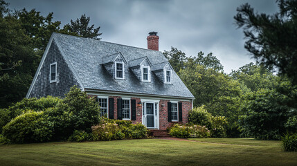 Obraz premium Charming brick house surrounded by lush greenery under a moody sky