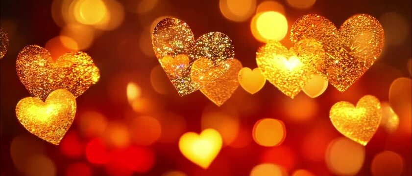 Valentine background golden hearts. Particles illuminate heart symbol design glow. Glowing magic Congratulation Happy Valentines Day 2025. Bright sequins and confetti style loop footage Festive effect