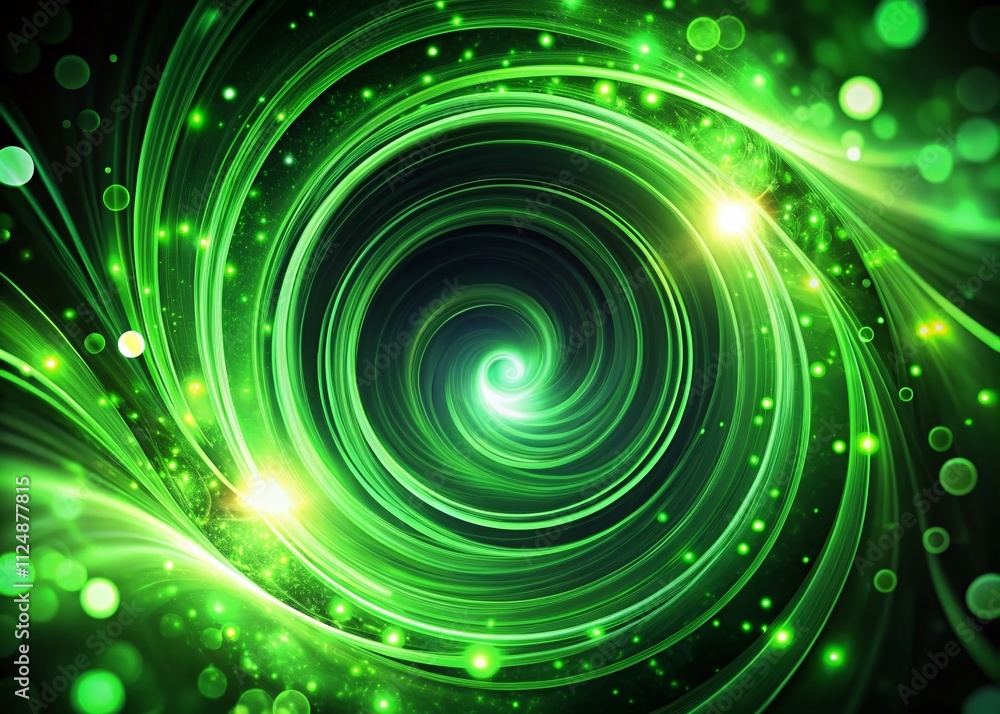 Poster captivating green glowing circles with dynamic twirl patterns creating a mesmerizing digital swirl e