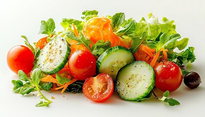 Fresh and vibrant vegetable salad on white isolated background.