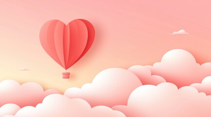A heart-shaped hot air balloon floating in the sky, surrounded by clouds and a pink background. 