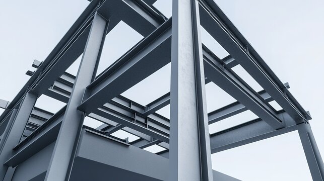 Modern steel structure, geometric symmetry, industrial look.