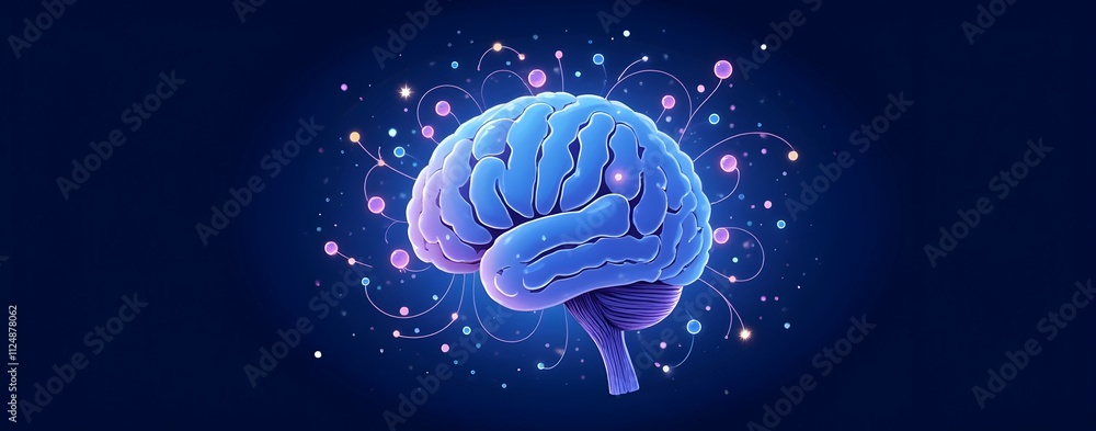 Poster illuminated mind: a vibrant 3d brain model, radiating connections and glowing with inner light, symb