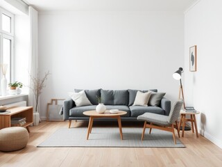 Scandinavian apartment interior featuring a cozy and modern couch, design, furniture