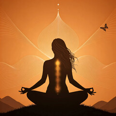 Person Meditating at Sunset with Radiating Energy and Butterfly