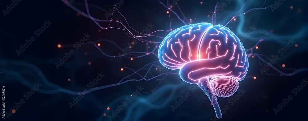 Poster illuminated brain: a mesmerizing 3d render of the human brain, showcasing its intricate neural pathw