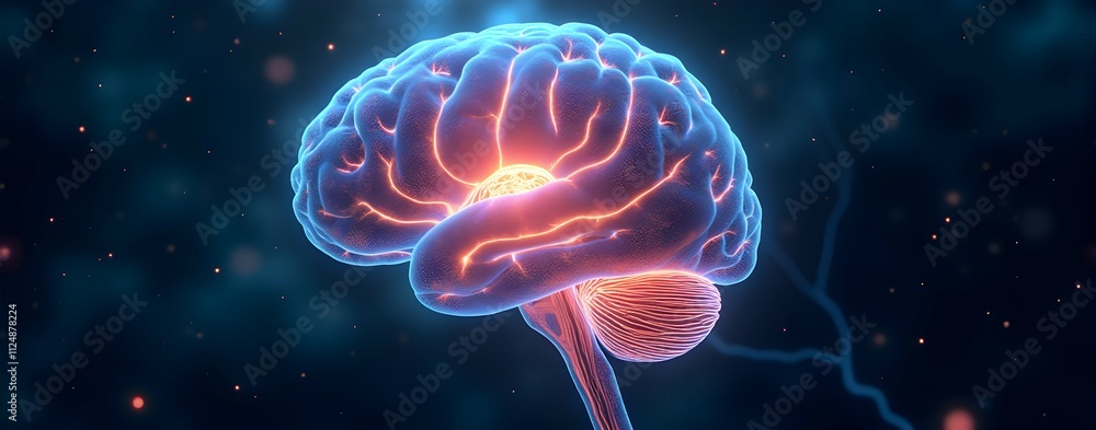 Poster unveiling the human brain: a mesmerizing 3d rendering of the brain's intricate neural pathways, glow