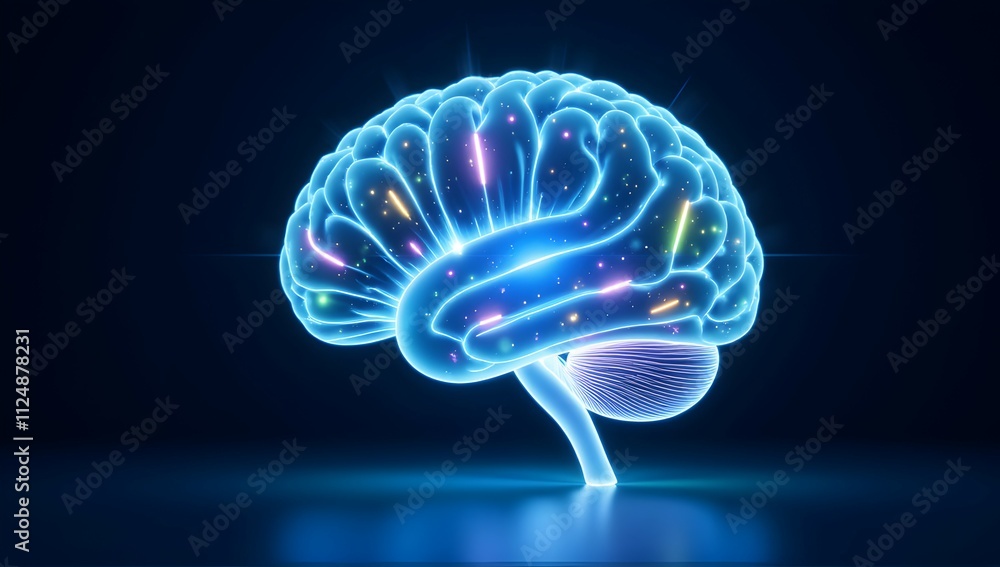 Poster illuminated mind: a mesmerizing 3d render of a human brain, glowing with vibrant energy, showcasing 