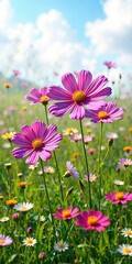 Fototapeta premium Vibrant cosmos flowers swaying in the breeze amidst lush green grass and wildflowers on a warm summer day, cosmos flowers, field of flowers