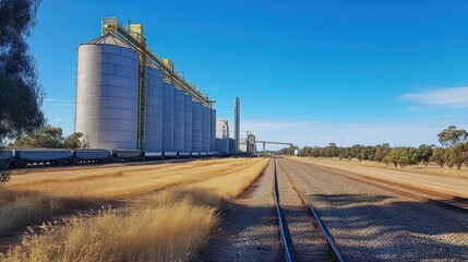 Obraz premium Bulk grain storage facility, massive silos under a clear blue sky, a train loading station visible in the background