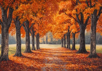 Autumnal Tree Lined Path, Vibrant Fall Foliage