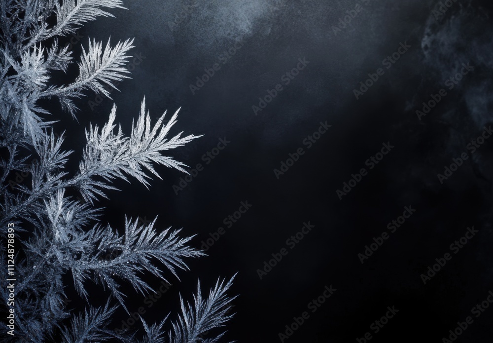 Aufkleber Frosty pattern on the left side of a blank, dark background, highlighted by intricate ice crystals and shimmering textures creating a wintery atmosphere. Elegant wallpaper or for design purposes.