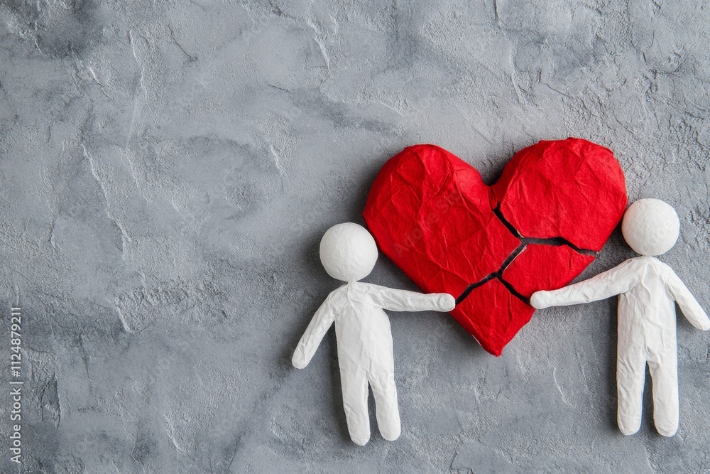 Poster a clean illustration of two figures holding a broken heart between them, symbolizing mutual separati