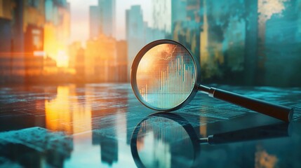 Magnifying glass focusing on rising financial graph against urban cityscape at sunset. Conceptual business analysis image blending corporate data with architectural backdrop